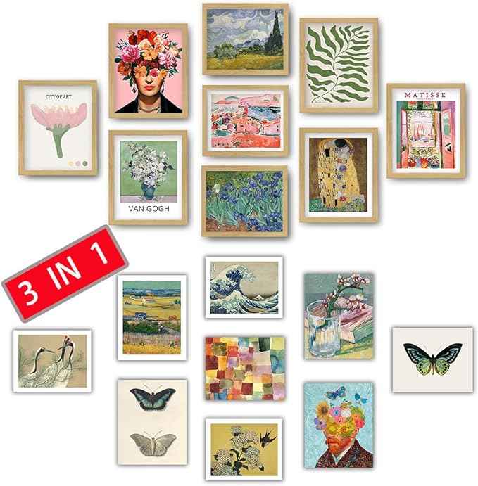 18PCS Vintage Eclectic Wall Art, Colorful Bohemian Gallery Wall Art, Retro Maximalist Decor Aesthetic, Funky Eclectic Gallery Wall Art Prints for Bedroom, Famous Artist Painting Pictures (with Beige Frame)