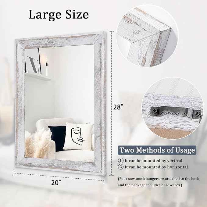 AAZZKANG Mirrors for Wall Rustic Wood Framed Hanging Mirror 28"x20" Decorative for Farmhouse Bedroom Bathroom Living Room Entryway Hallway White