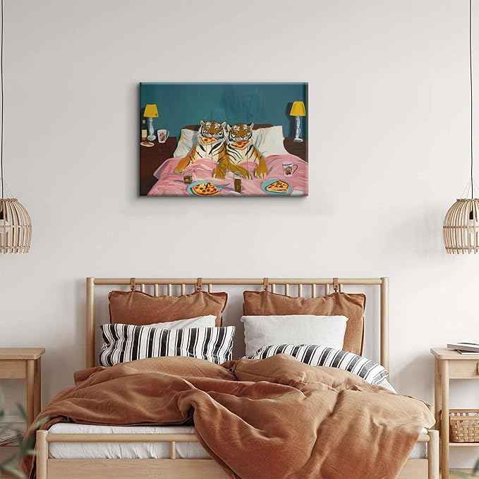 LSXARTQQ Funny Tiger Eating Pizza in Bed Wall Art Vintage Fun Tigers Couple Canvas Wall Decor Maximalist Blue Pink Jungle Animal Paintings Eclectic Whimsical Bedroom Picture Print(12x16inch)