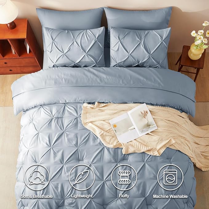 CozyLux Queen Comforter Set Grayish Blue, 7 Pieces Pintuck Bed in A Bag, Premium Blue Comforter Queen Size, Pinch Pleat Bedding Sets with Comforter, Sheets, Pillowcases & Shams