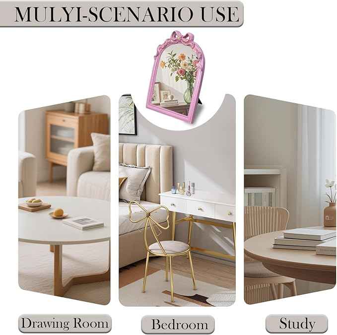 Pink Bow Mirror - 13x10 Inch Perfect Elegant Decorative Accent, Wall-Mounted Tabletop Makeup Mirror for Nursery Baby Room Bedroom Decor