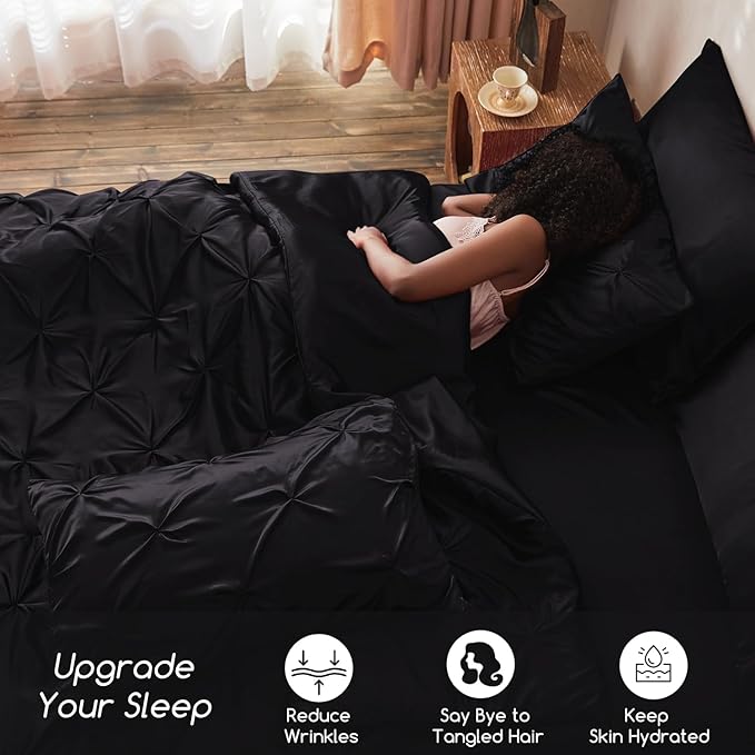 MR&HM Satin Comforter Twin 5 Pieces - Luxurious Pinch Pleat Bedding Set with Comforter, Flat Sheet, Fitted Sheet, Pillowcase & Sham, Super Silky Soft Bed Set for All Season (Twin, Black)