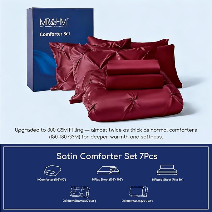 MR&HM Satin Comforter King 7 Pieces - Luxurious Pinch Pleat Bedding Set with Comforter, Flat Sheet, Fitted Sheet, Pillowcases & Shams, Super Silky Soft Bed Set for All Season (King, Burgundy)