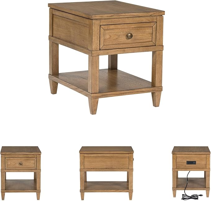 Signature Design by Ashley Sharlance Transitional 1-Drawer End Table with Lower Shelf, Power Supply and USB Ports, UL Listed, Dark Brown Drawer Pulls, Light Brown