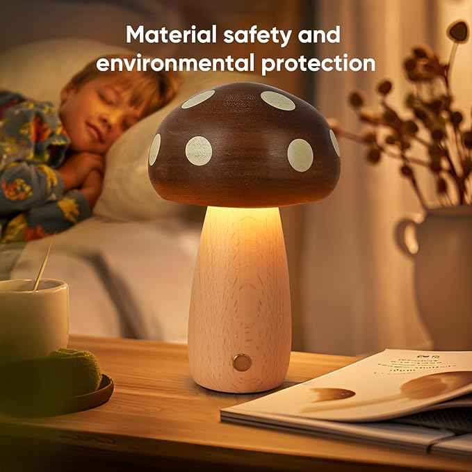 2 Pack LED Wood Mushroom Table Lamp, Rechargeable Cordless Touch Bedside Small Lamps, Wireless Stepless Dimming Night Light, Portable Battery Lamp for Bedroom Nightstand for Birthday Gifts