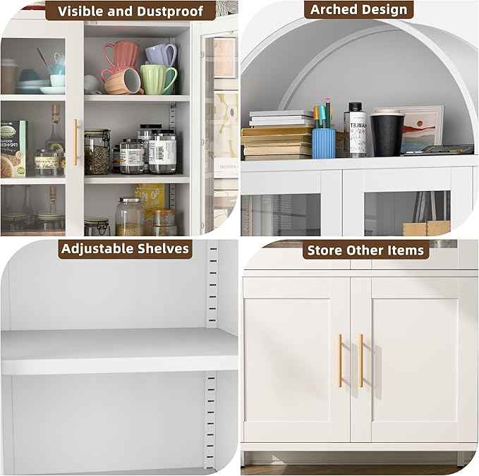 Metal White Arched Pantry Cabinet with 4 Doors,Arched Bookcase Cabinet with 2 Adjustable Shelves for Kitchen Home Office,Required Assembly
