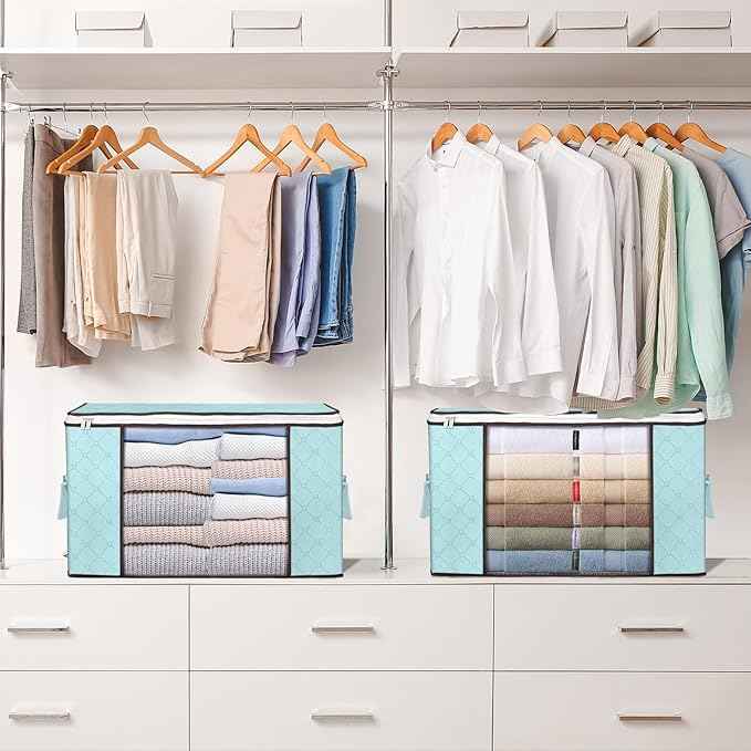Budding Joy 90 L Large Storage Bags, 6 Pack Clothes Storage Bins Foldable Closet Organizer Storage Containers Storage and Organization for Clothes, Blanket, Comforters, Bed Sheets, Pillows (Blue)