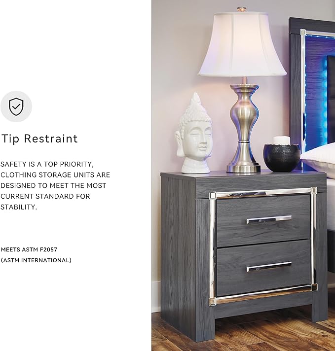 Signature Design by Ashley Lodanna Modern Glam 2 Drawer Nightstand with USB & Wireless Charging Options, 24.41" Tall, Gray Wood Grain