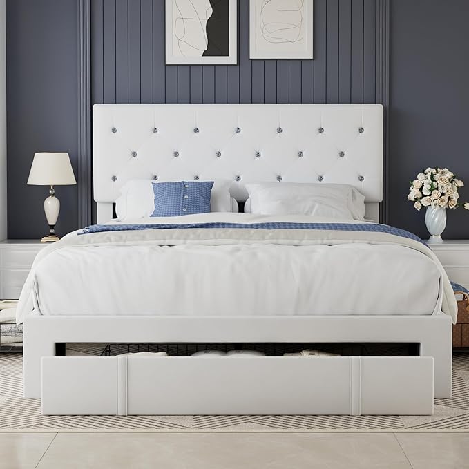 VECELO Full Size Bed Frame with 3 Storage Drawers, Leather Upholstered with Diamond Tufted Headboard, Solid Wood Slat Support, No Box Spring Needed, PU & White