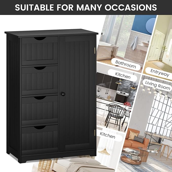 COSTWAY Bathroom Storage Cabinet, Wooden Storage Organizer with 4 Deep Drawers & Adjustable Shelf, Modern Floor Cabinet for Living Room, Bathroom, Kitchen, Entryway (Black)