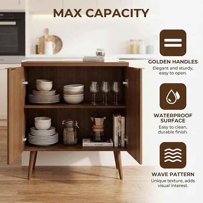 29.5" Modern Fluted Sideboard Cabinet with 2 Doors, Wood Storage Credenza with Shelves, Multi-Purpose Buffet Cabinet for Entryway, Dining & Living Room, Walnut