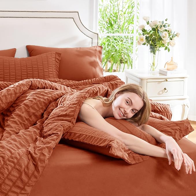 CozyLux Queen Comforter Set Burnt Orange Seersucker 7 Pieces Bed in a Bag Queen Comforter Set with Sheets Terracotta Luxury Bedding Set with Down Alternative Comforter, Sheets, Pillowcases & Shams