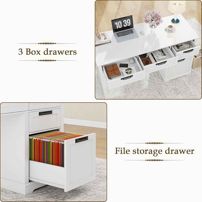 Vabches 55" Farmhouse Home Office Desk with File Drawer, Executive Computer Desk with 4 Storage Drawers, Rustic Computer Desk for Working, Studying, Writing, White