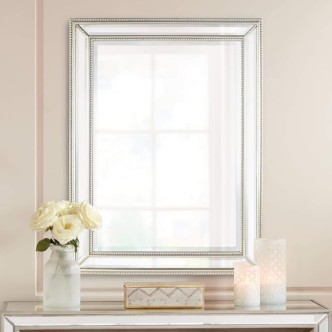 Uttermost Palais Rectangular Vanity Decorative Accent Wall Mirror Modern Beaded Beveled Glass Mottled Silver Mirrored Frame 30" Wide for Bathroom Bedroom Living Room Home House Office