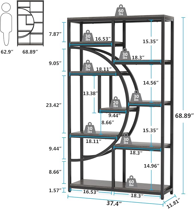 Tribesigns Bookshelf Industrial 5 Tier Etagere Bookcase, Freestanding Tall Bookshelves Display Shelf Storage Organizer with 9-Open Storage Shelf for Living Room, Bedroom