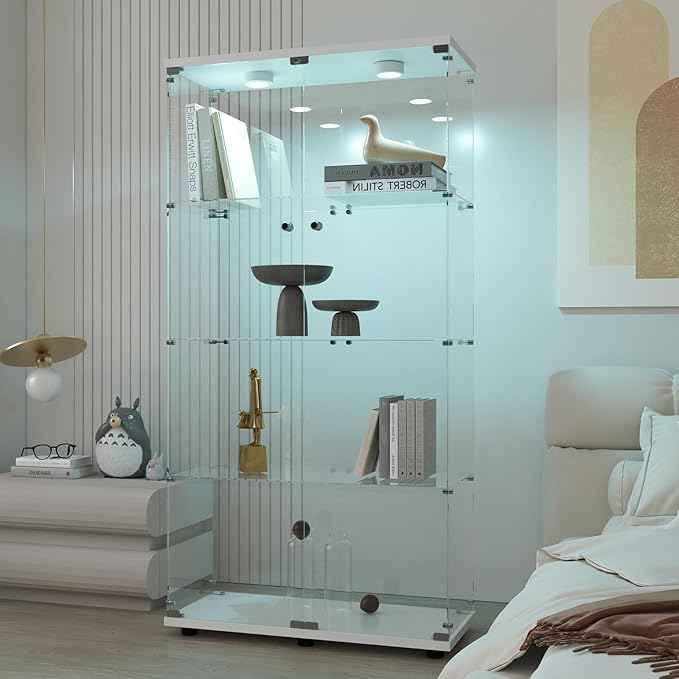 Beauty4U Glass Display Cabinet with LED Light, 4 Shelves with 2 Doors, Curio Cabinets for Living Room, Bedroom, Office, White Floor Standing Glass Bookshelf, Quick Installation