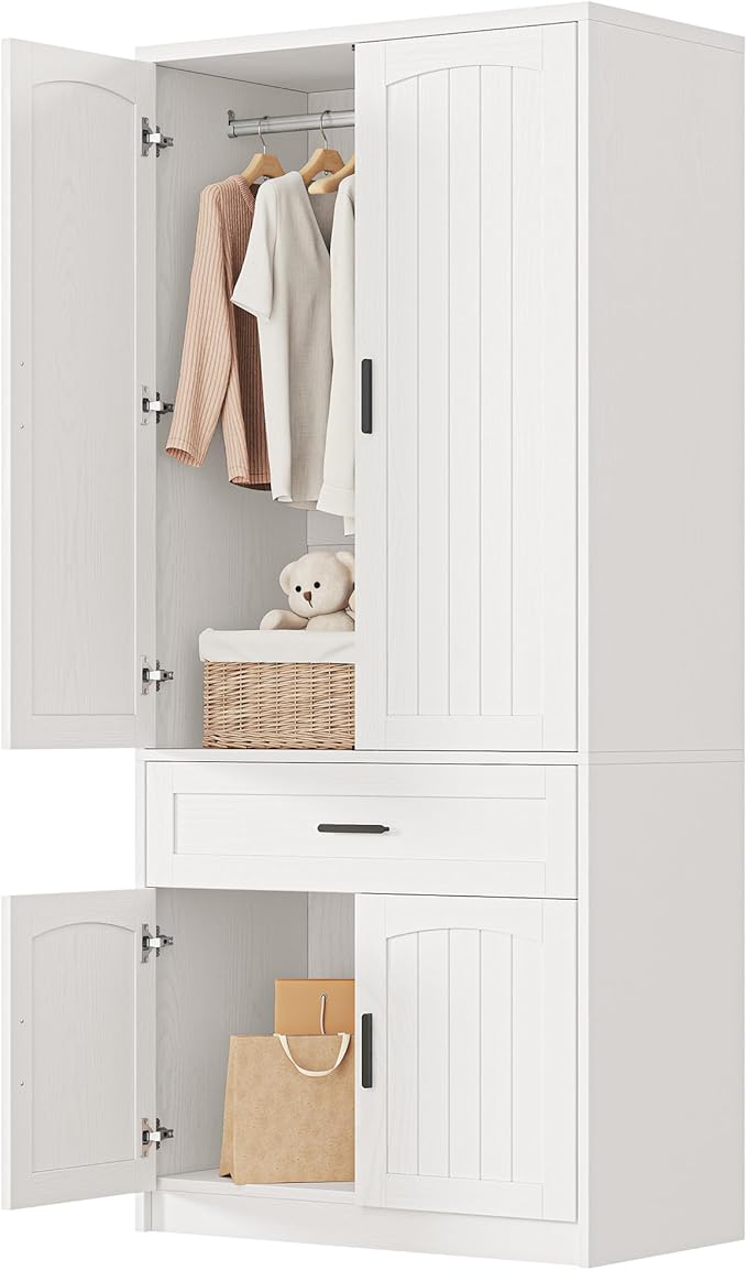 LIKIMIO 77" Tall Armoire Wardrobe Closet, Wooden Wardrobe with 4-Door and Drawer, White Clothes Storage Cabinet with Hanging Rod and Adjustable Shelves for Bedroom