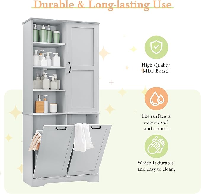 68" Tall Bathroom Storage Cabinet with Two Doors and Two Laundry Hampers for Home Display Organizer, Adjustable Shelf, Gray