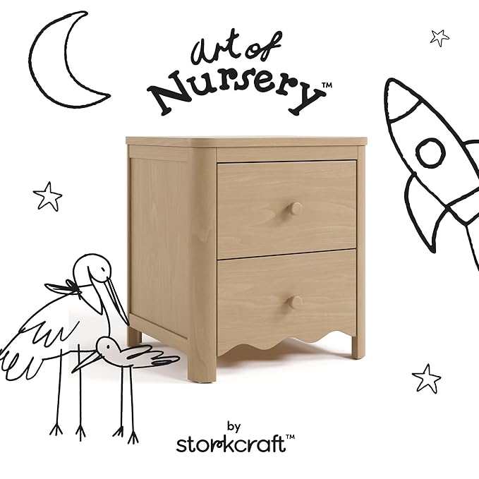 Storkcraft Casablanca 2 Drawer Nightstand (Driftwood) - GREENGUARD Gold Certified, Storage for Kids Bedroom, Premium Wood Nightstand with Elegant, Iconic Wave Detailing and Rounded Posts