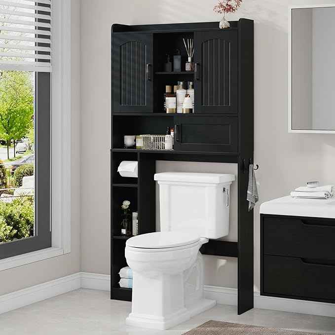 Vabches Farmhouse Over The Toilet Storage Cabinet with 2 Barn Doors & Sliding Door, Over The Toilet Bathroom Organizer with Open Storage Layer and Adjustable Shelves & Hooks.Black