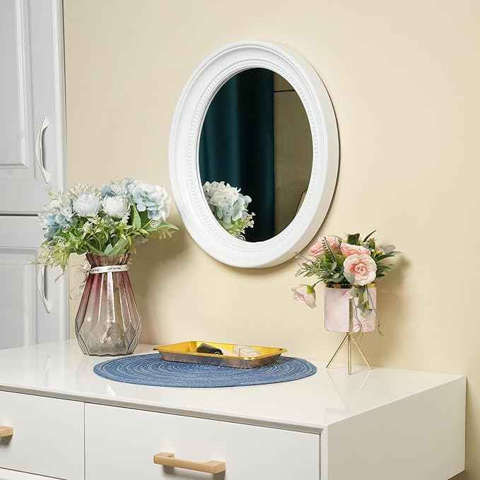 Funerom Oval Bathroom Mirror Bedroom Mirror wall Mirror (White, 15.2" L x 13.2" W)