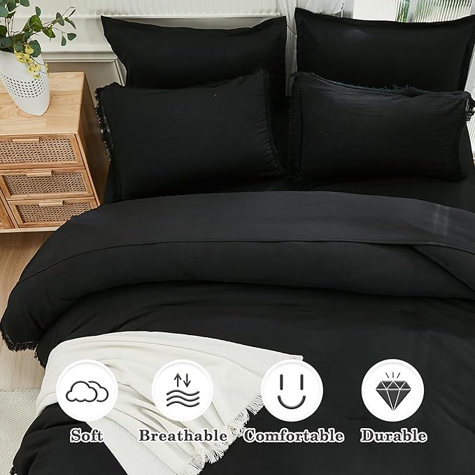 Andency California King Size Black Comforter Sets with Sheets - 7 Pieces Boho Tassel Bed in a Bag Soft Lightweight Bedding Sets, Black Fringe Bed Set with Comforter, Sheets, Pillowcases & Shams