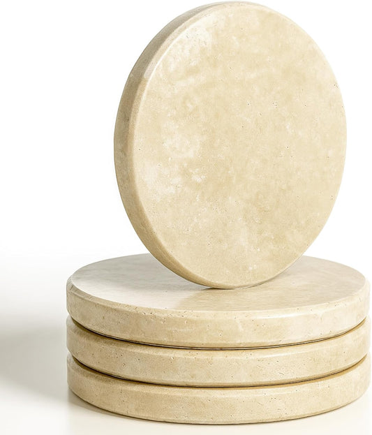 Beige Natural Travertine Marble Coasters Set of 4, Round 4 Inch Diameter Drink Marble Coasters for Housewarming Gifts, Anniversaries, Office Decorations Protect Tables from Stains & Scratches