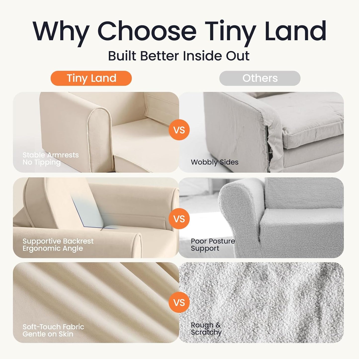 Tiny Land 2-in-1 Foldable Kids Couch with Pockets – Soft Thick Toddler Sofa, Lounger Couch, Convertible Kids Chair for Playroom, Bedroom or Living Room, Gift for Boys & Girls(Beige)