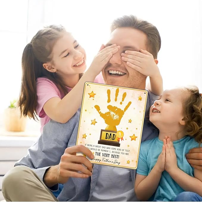 World's Best Dad Trophy from Baby Handprint Keepsake, DIY Best Dad Ever Hands Down Sign Trophy #1 Dad Fathers Day Kid Handprint Art Craft Plaque for Dad Papa from Daughter Son Wife, Birthday Dad Gift