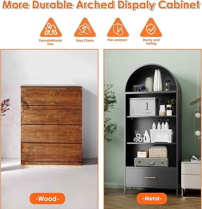 Metal Arched Bookcase Cabinet with 2 Adjustable Shelf, Black Arched Bookshelf with Drawer for Home Office Living Room,Required Assembly