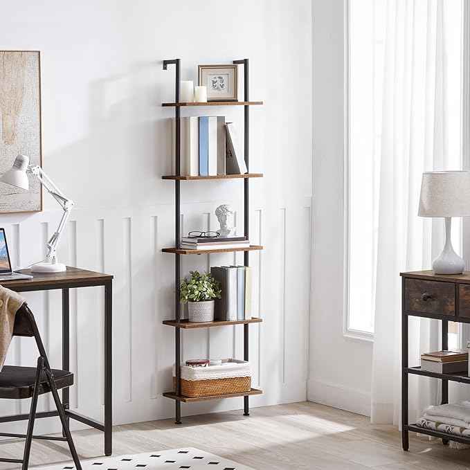 HOOBRO DIY Ladder Shelf, 5-Tier Wooden Wall Mounted Bookshelf, Narrow Bookcase, Display Shelf, Storage Rack, Plant Stand, for Living Room, Bedroom, Study, Balcony, Rustic Brown and Black BF531CJ01