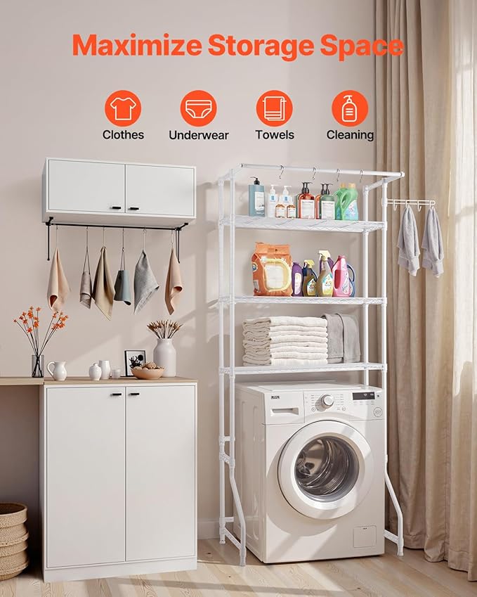 VEVOR Over The Washer and Dryer Storage Shelf, 3 Tier Laundry Room Drying Rack with Hanger Rod and Hooks, Adjustable Over Washer and Dryer Shelves, Laundry Room Shelf Storage Space Saver, White