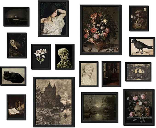 16 PCS Framed Dark Academia Room Decor, Gothic Home Decor, Moody Wall Art Prints for Bedroom, Gallery Wall Frame Set, Witchy Posters for Living Room Aesthetic, Halloween Dorm Collage Kit