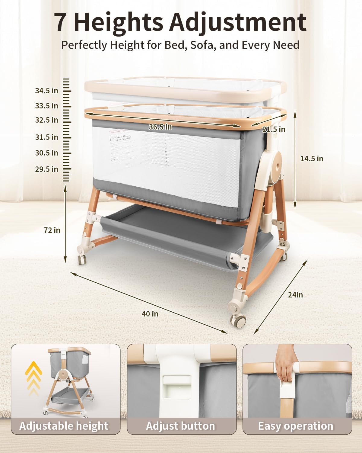 4 in 1 Baby Bassinet, Bassinets Bedside Sleeper with Wheels and Storage Basket, Adjustable 7 Heights Bedside Sleeper with Mosquito Net, Breathable Mesh Rocking Bassinet for Baby (Grey)