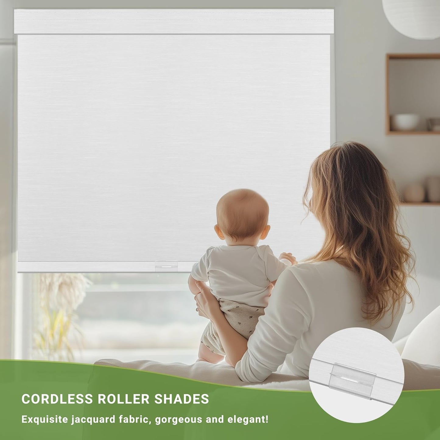Blackout Roller Shades for Indoor Windows, Cordless Jacquard Fabric-Matched Roller Blinds, Easy to Install Privacy UV Protection Roll Up Blinds for Home Office, Pure White, 25" W x 72" H