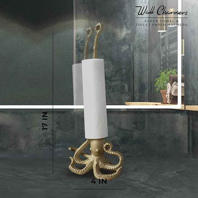 WallCharmers Gold Paper Towel Holder, Metal Toilet or Kitchen Paper Holder for Floor or Countertop, Gold Octopus