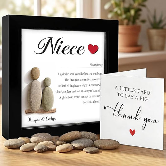 Personalized Niece Pebble Art Frame, Custom Name Teen Girl & Aunt Wooden Plaque with Natural Stone, Thank You Card, Ideas Birthday for Her, Best Niece Ever Gift from Aunt, Home Office Decor