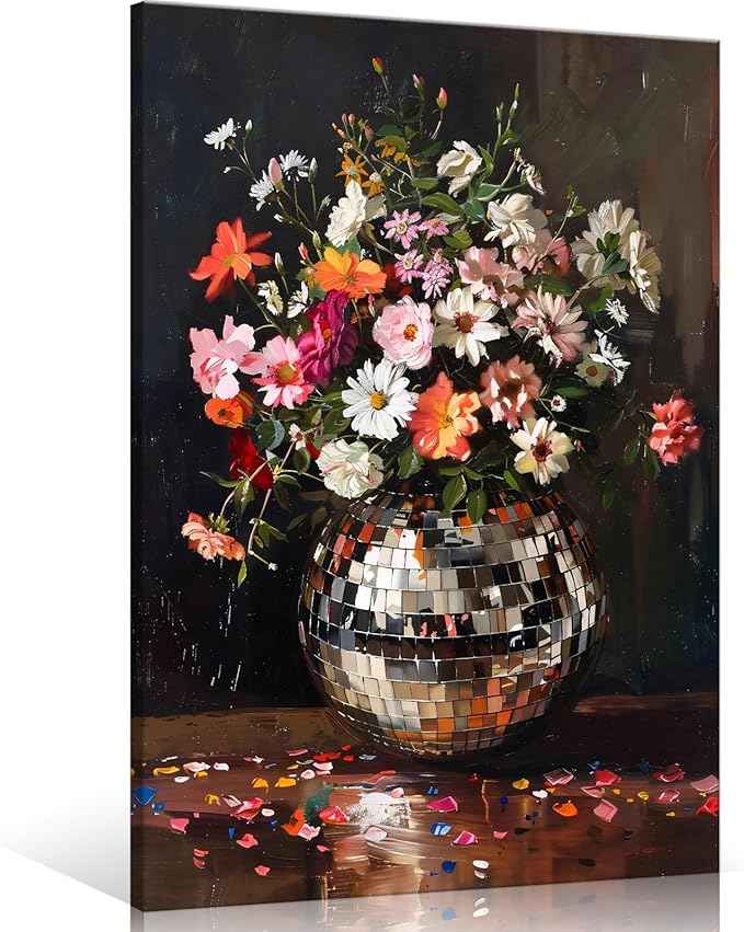Colorful Moody Florals Disco Ball Canvas Wall Art, Maximalist Funky Wildflowers Bouquet Disco Ball Poster, Retro Cottagecore Flower Prints Paiting, Vintage Eclectic Wall Decor 16X24in Framed