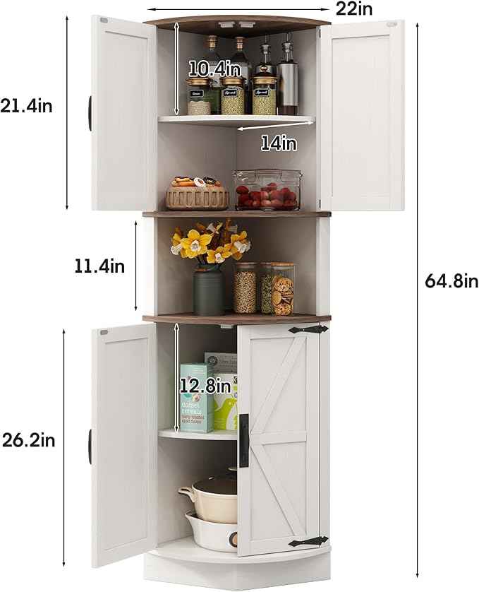 Vabches 64.8" Tall Farmhouse Corner Cabinet with 4 Doors and 5 Storage Shelves, Farmhouse Storage Cabinet with Barn Door Design, Home Space Saver for Living Room, Kitchen, Laundry Room,White