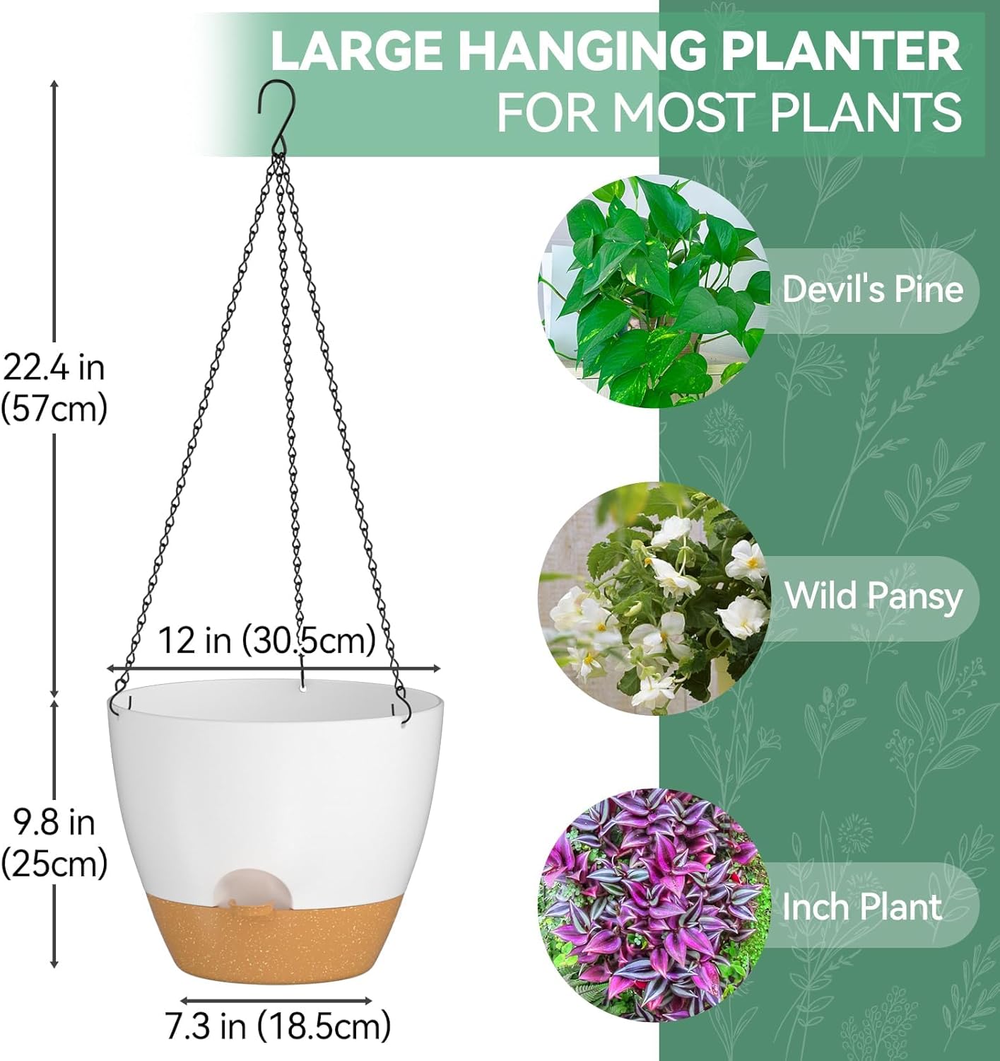 ZMTECH 12 Inch Hanging Planters for Indoor Outdoor Plants, 1 Pack Self Watering Hanging Plant Pots with Drainage Holes and Removable Saucer, Plastic Flower Hanging Pots with Watering Lip (White)