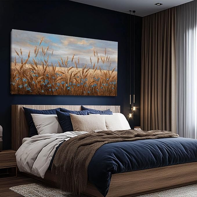 GAIDUOMAI Blue and Gold Pictures Rustic Wall Art Wheat Room Decor Floral Art Posters for Dining Room Big Painting for Living Room Kitchen 29x58 Inch