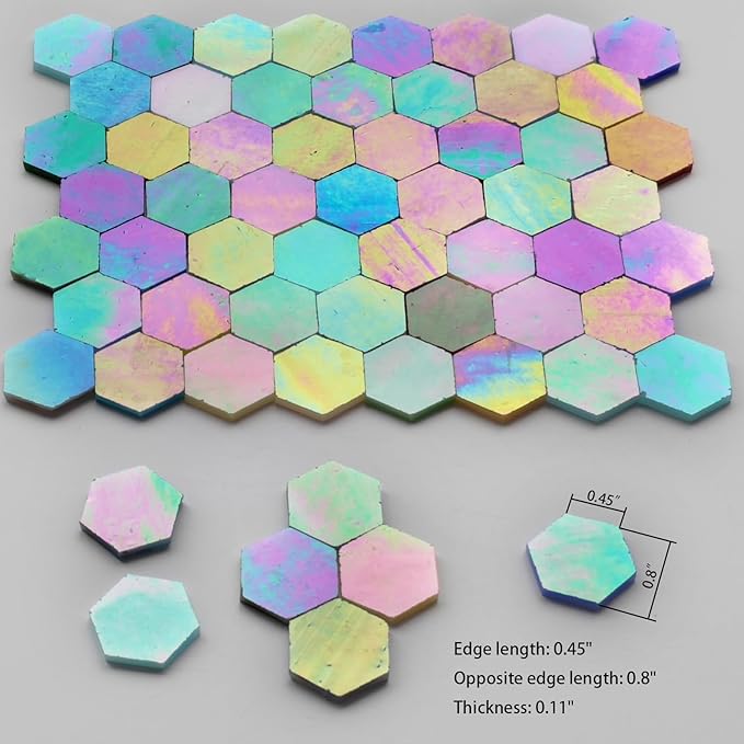100 pcs Hexagon Iridescence Stained Glass Pieces Mosaics Tiles for Crafts Bulk, Hand Precut Mosaic for Bee Honeycombs, Mosaic Kits for Adults