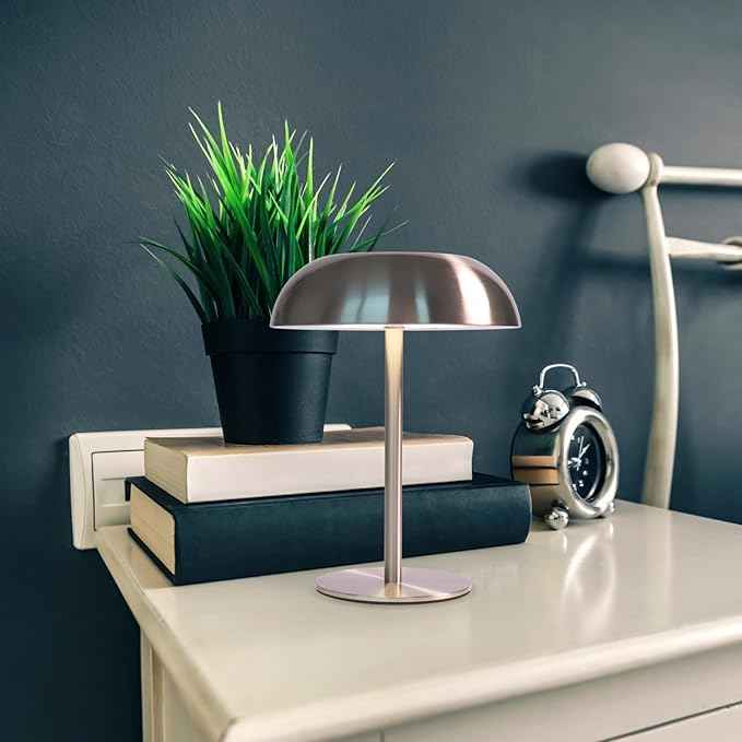 Portable LED Mushroom Table Lamp, 8.46'' Small Cordless Desk Night Light with 5200mAh Rechargeable Battery, Stepless Dimming Lamp with 3 Colors for Bedroom/Bar/Coffee Shop (Silver)