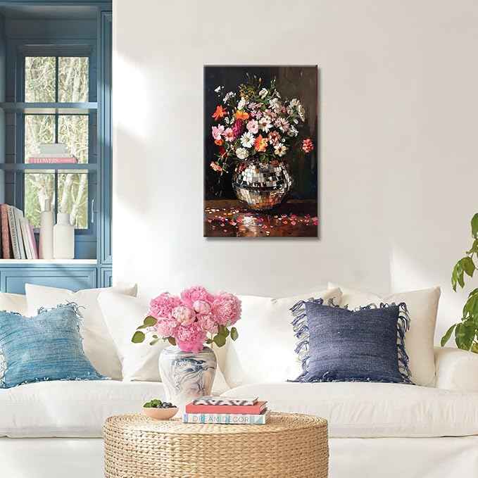 Colorful Moody Florals Disco Ball Canvas Wall Art, Maximalist Funky Wildflowers Bouquet Disco Ball Poster, Retro Cottagecore Flower Prints Paiting, Vintage Eclectic Wall Decor 16X24in Framed
