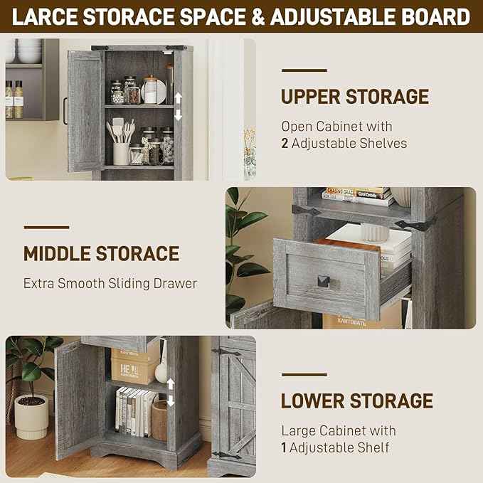 Vabches 66" Tall Farmhouse Bathroom Storage Cabinet with Barn Doors and Drawer, Narrow Storage Unit, Adjustable Shelves & 5-Tier Space, Freestanding Cabinet for Bathroom, Entryway, Kitchen, Grey