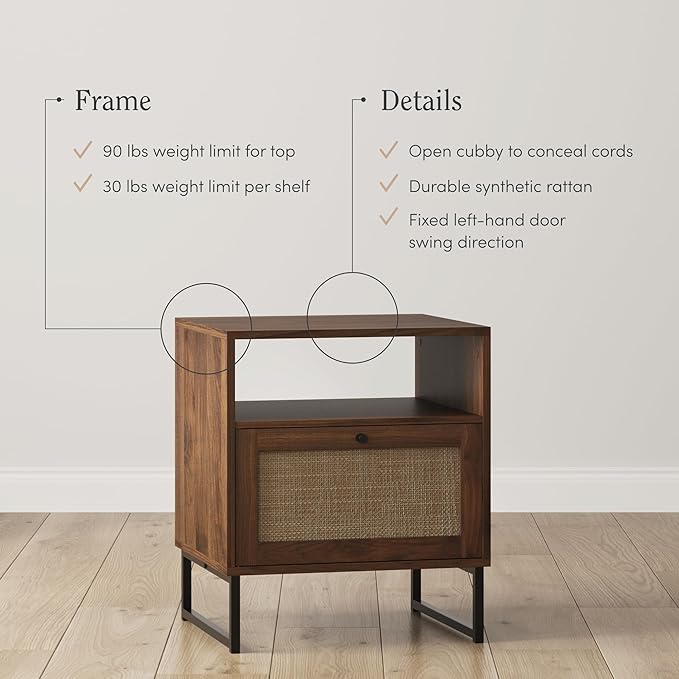 Nathan James Mina Boho Nightstand, Small Nightstand, Rattan End Table with Storage, Walnut Side Table with Rattan Accent, Walnut Brown/Black, Set of 2