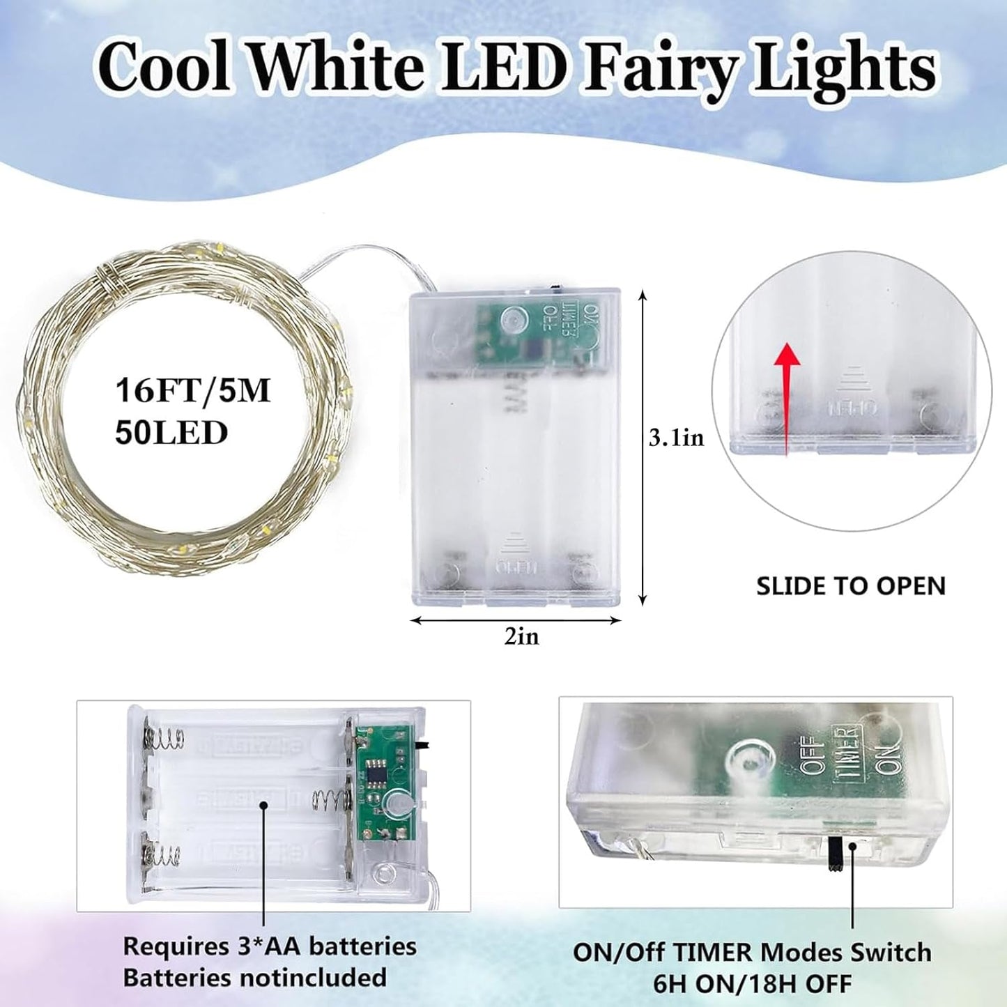 6-Pack Fairy Lights Battery Operated with Timer, Waterproof 16FT 50 LED String Lights Indoor Outdoor, Cuttable Starry Fairy Lights for Christmas Home Bedroom Wedding DIY Centerpiece Decor (Cool White)