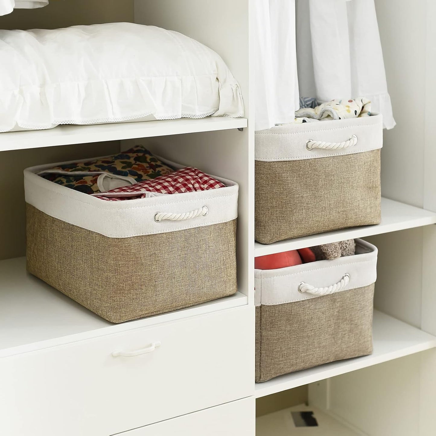 TheWarmHome Organization and Storage Basket for Organizing - X Large - 3 Pack 17.7L×13.8W×9.8H in Collapsible Storage Bin for Shelves, Fabric Basket for Gifts Organizer Toy Closet (White & Khaki)