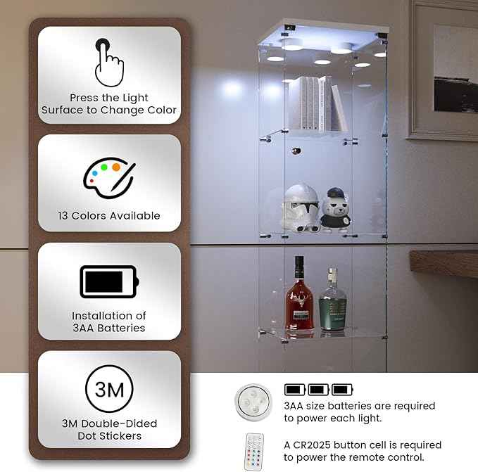 Beauty4U Glass Display Cabinet with LED Light, 4 Shelves, Curio Cabinets for Living Room, Bedroom, Office, White Floor Standing Glass Bookshelf, Quick Installation