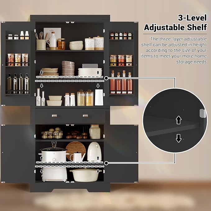 72" Tall Kitchen Pantry Cabinet with 6 Door Shelves, 2 Cabinets & 4 Adjustable Shelves, Freestanding Storage Cabinet for Kitchen, Living Room, Dining Room, Black